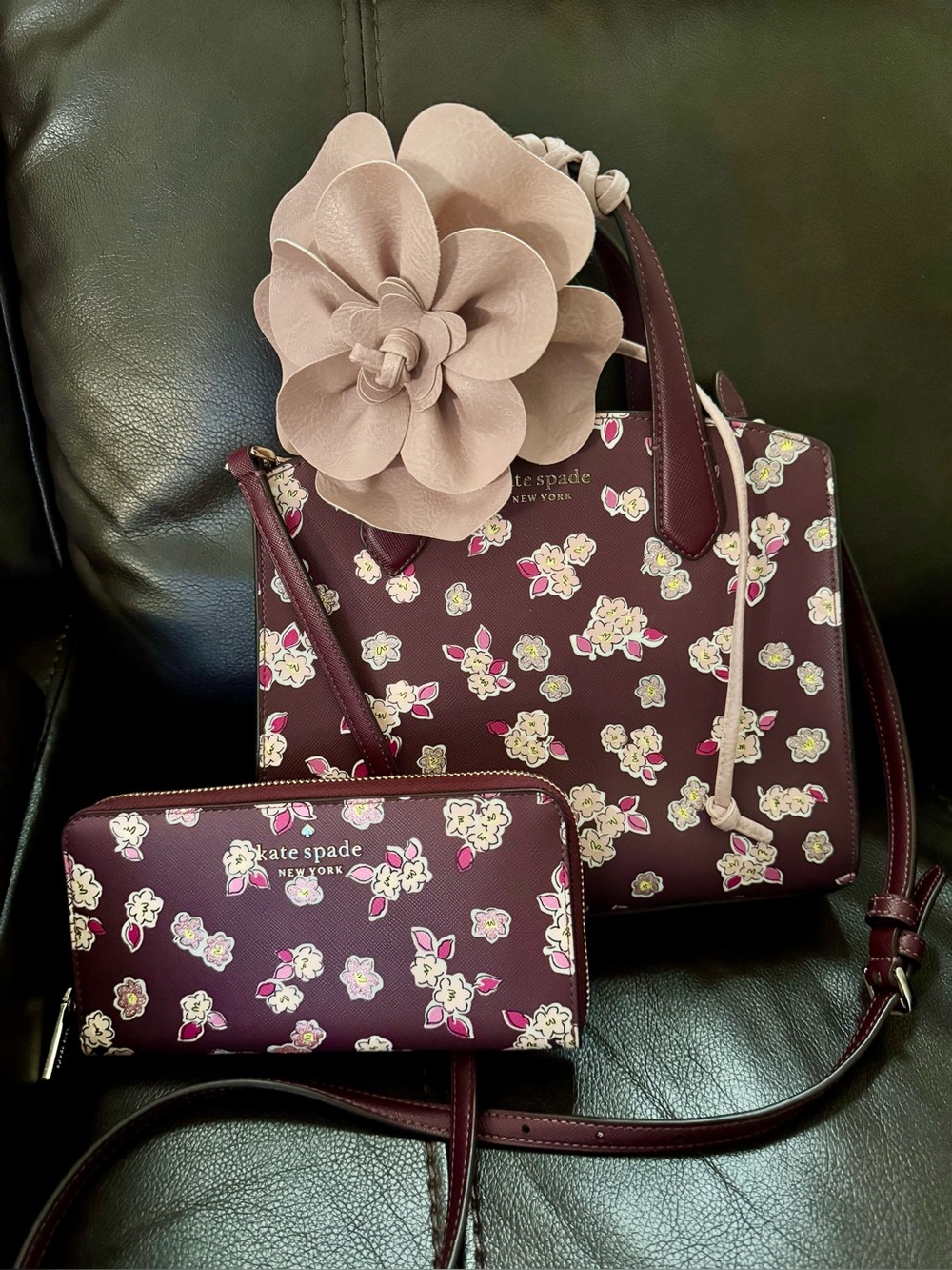 kate spade Floral Print Maroon Satchel with matching wallet